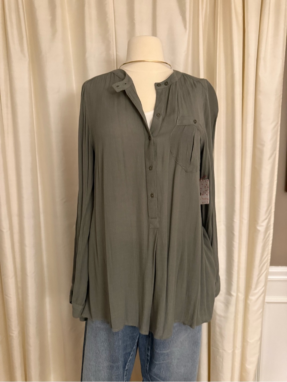 Free people Olive Green Lightweight Button Front Blouse